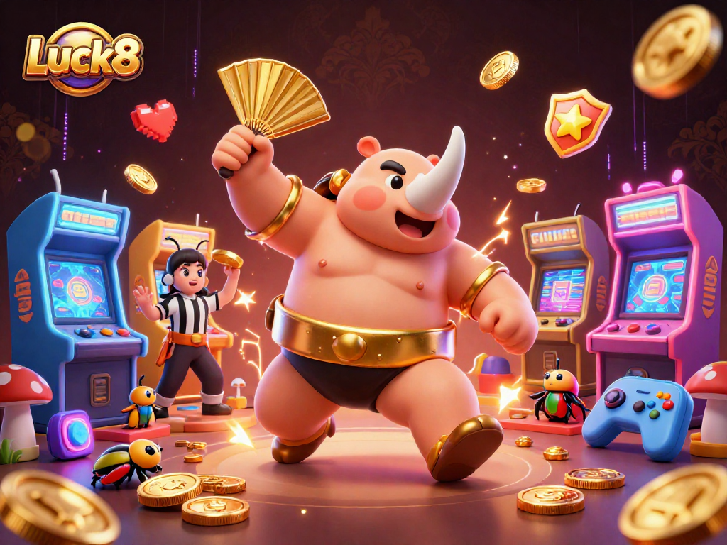 Experience exhilarating gaming at Luck8's 3D casino with vibrant characters and gold coins flying.