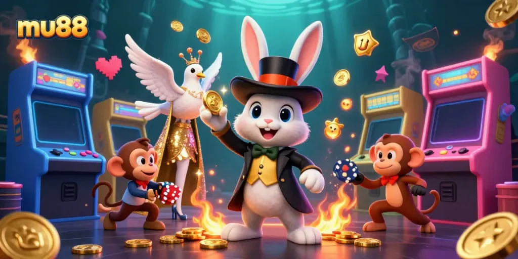 Experience the excitement of mu88 with a cartoon magician rabbit and dazzling casino elements.