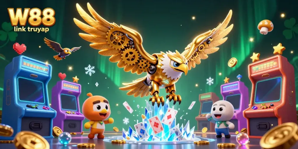 Engage with W88 link truy cập through a dynamic 3D scene featuring a cybernetic eagle and arcade elements.