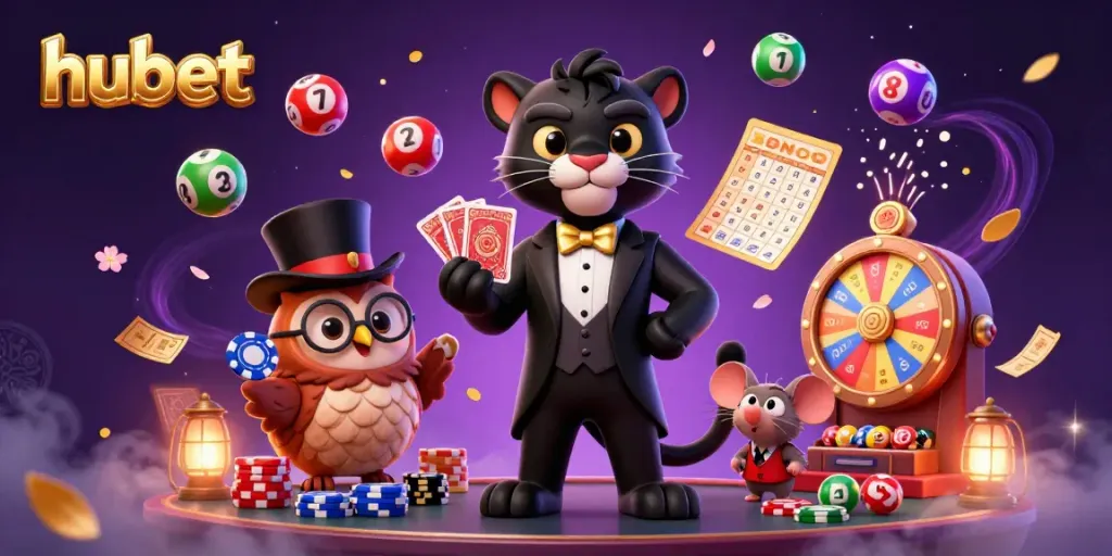 Experience hubet's vibrant casino scene with a tuxedoed panther and a whimsical owl dealing cards amidst a colorful lottery backdrop.