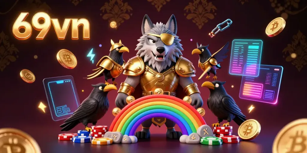 Experience the thrill of 69vn with a vibrant casino-themed 3D illustration of Odin and his ravens.