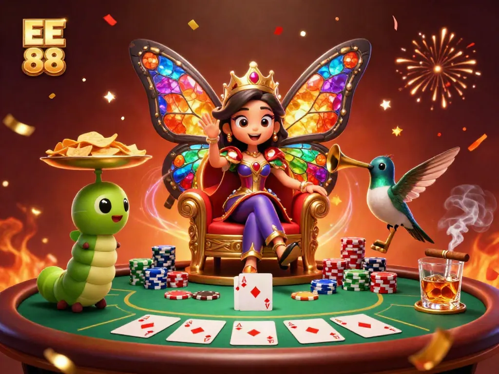 Experience EE 88 with a vibrant gaming scene featuring a butterfly queen and poker elements