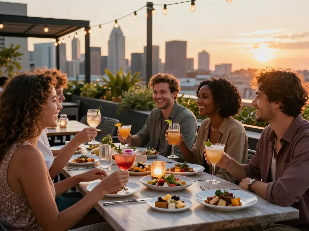 Friends dining at NoHu rooftop restaurant with city skyline backdrop.