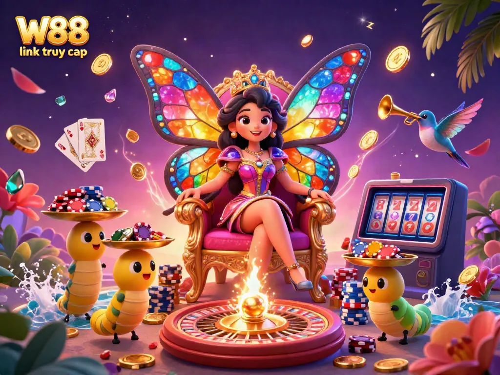 Experience the excitement of gambling with W88 link truy cập in a vibrant casino-themed scene.