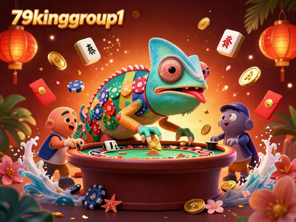 Experience exciting gaming at 79kinggroup1 with vibrant casino elements and a lively chameleon character.