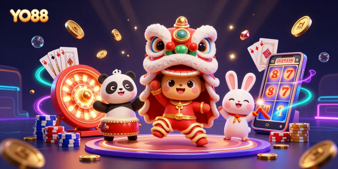 Experience the excitement of YO88 with golden coins, a lion dance, and thrilling casino elements.