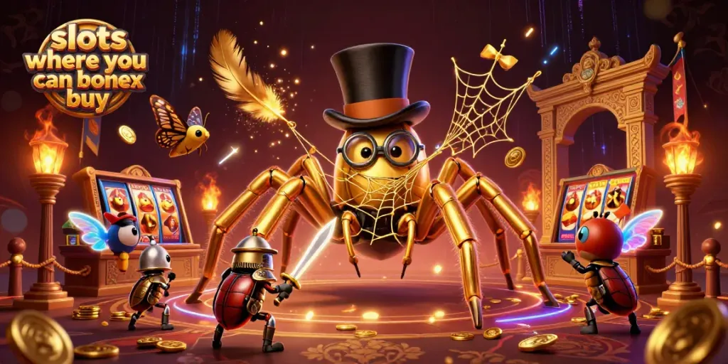 Experience the excitement of slots where you can bonus buy with a vibrant 3D scene featuring a golden tarantula and a brave beetle knight.
