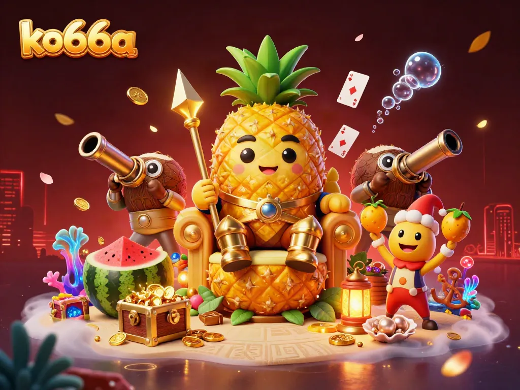 Experience the exciting vibe of ko66a's casino gaming with a stunning 3D illustration featuring a golden pineapple king, tropical characters, and vibrant casino elements.