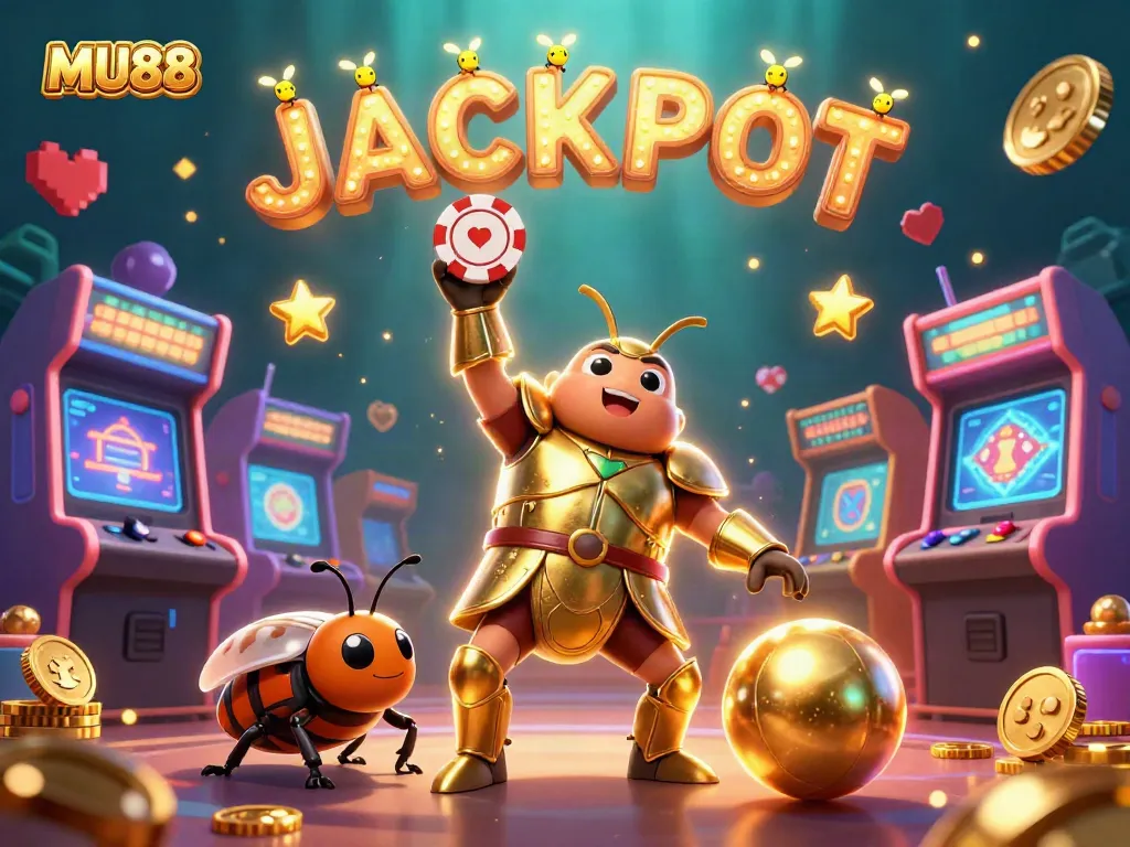 Experience the exciting world of MU88 with a victorious hercules beetle championing poker chips in vibrant casino scene.