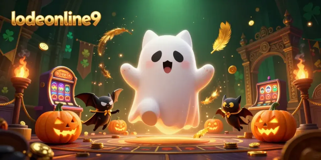Engage in thrilling gameplay at lodeonline9, witnessing a ghost cat and bat in a haunted casino scene.