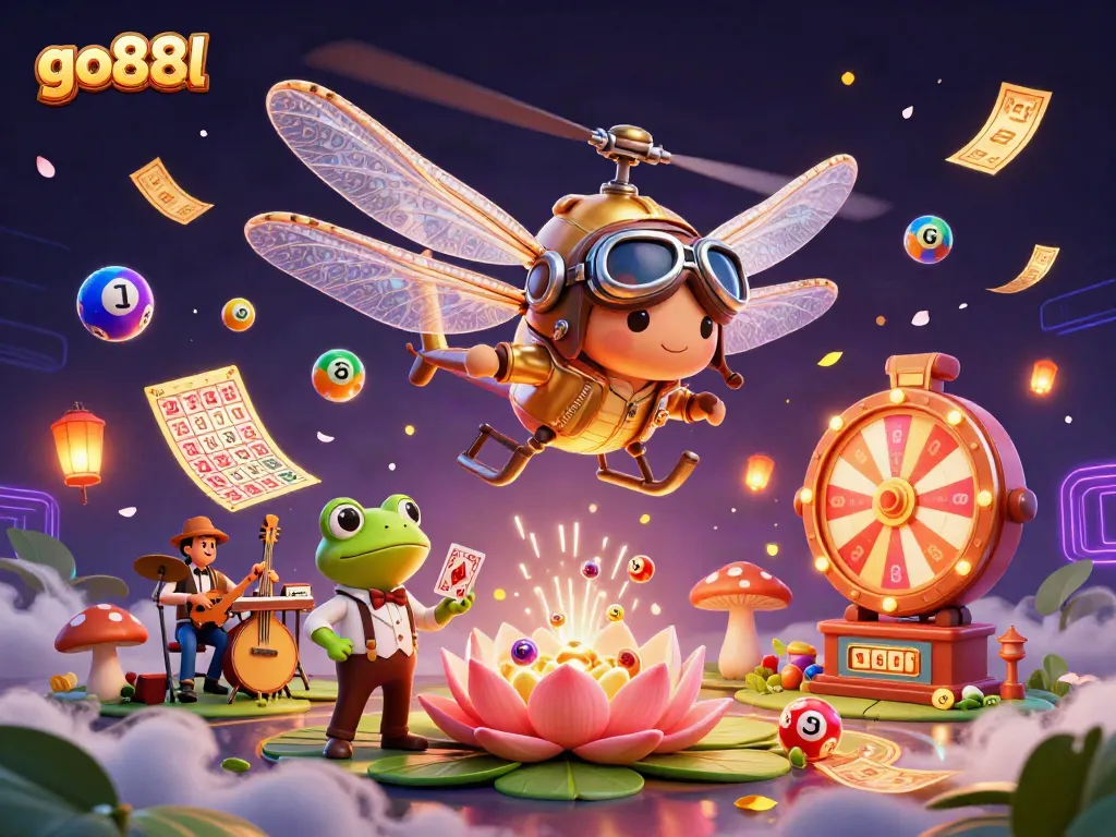 Experience excitement with go88l in a vibrant casino scene featuring dragonflies and luck.