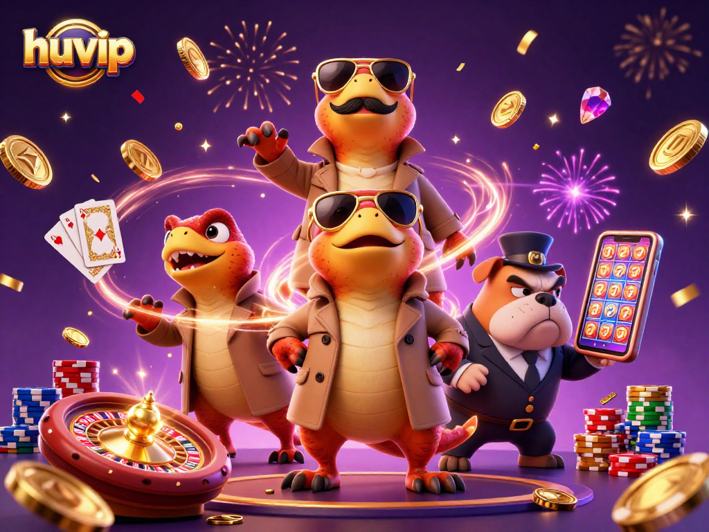 Experience exciting gameplay at huvip with raptors in a trench coat entering a casino lounge.