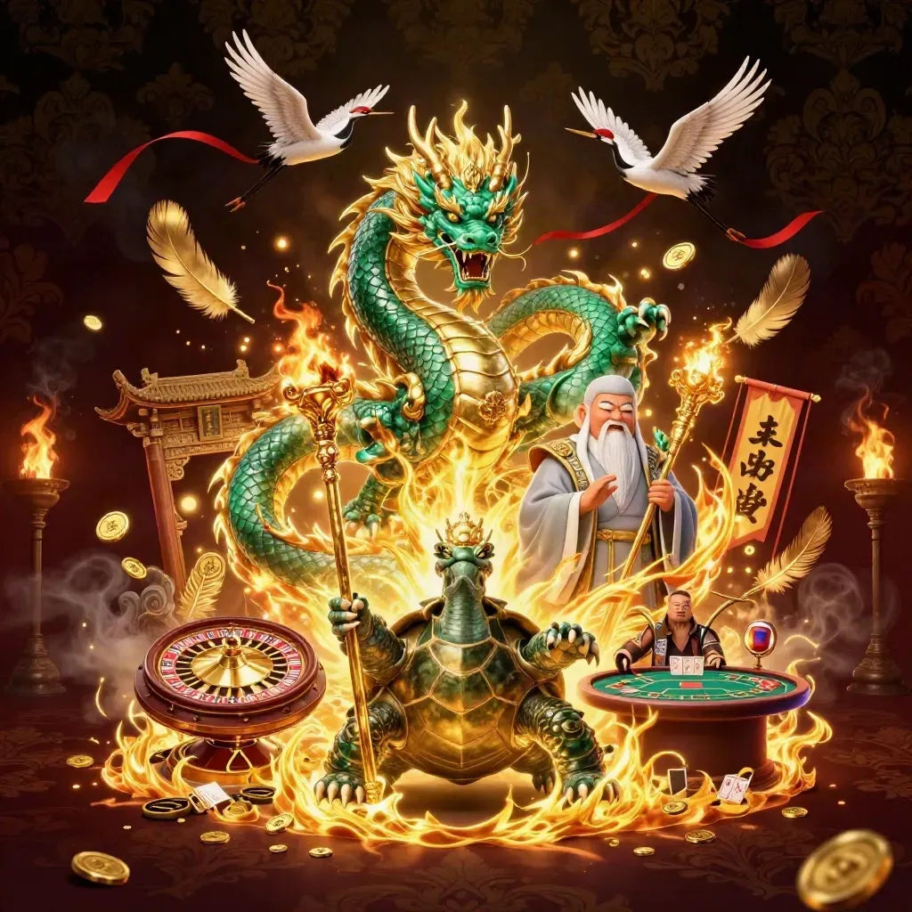 Emerald dragon, turtle sage and cranes amid casino relics, fire, coins and temple glow.