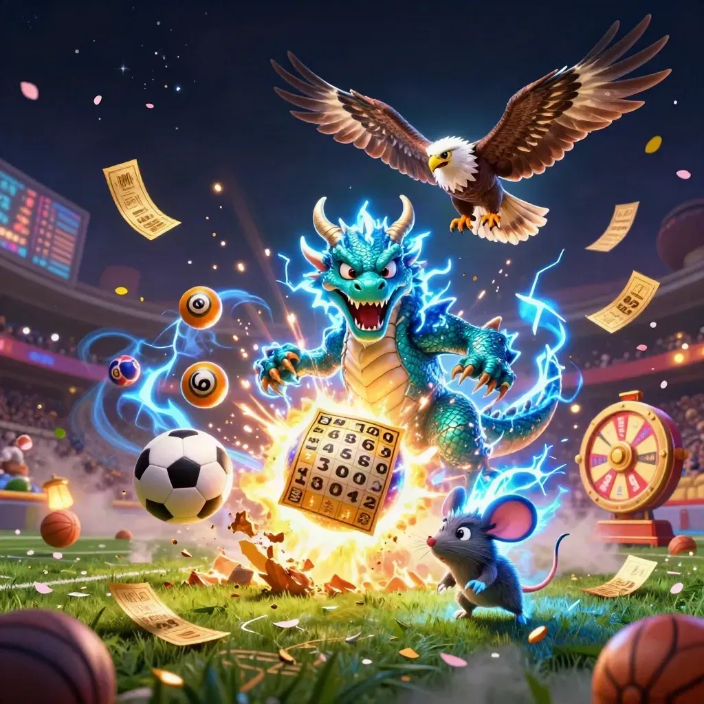 Fantasy sports-casino scene with dragon, hawk, mouse, flying balls, gold cards, and neon light.