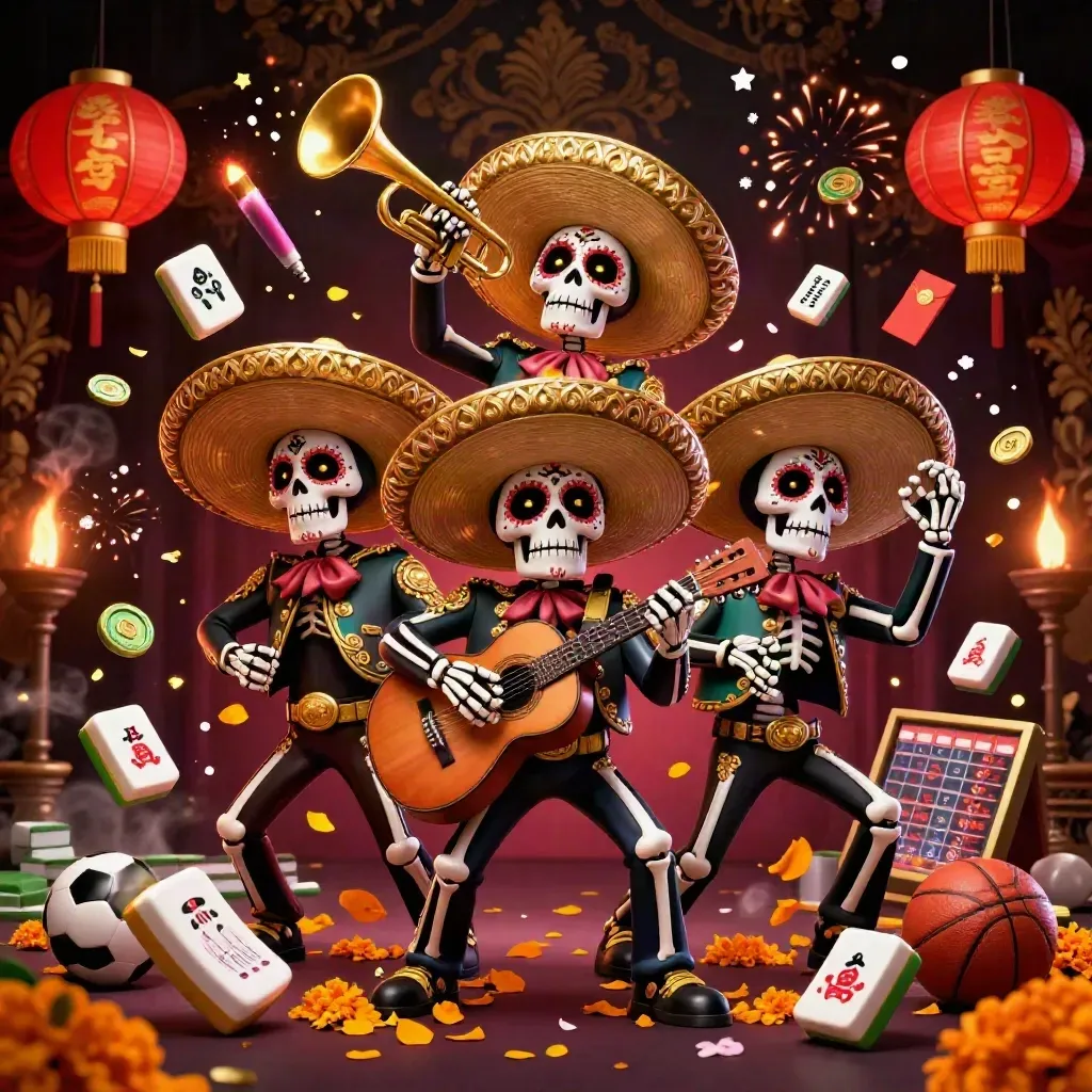 Day-of-the-Dead skeleton mariachi trio amid casino charms, lanterns and sports balls on a luxe backdrop