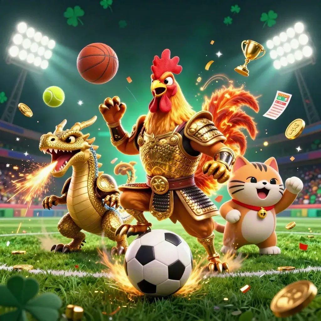 Rooster warrior, dragon hatchling and fortune cat amid flying balls, coins and sparks.