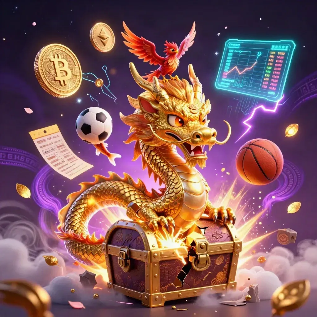 Golden dragon and phoenix with flying casino coins, balls, and magical purple energy.