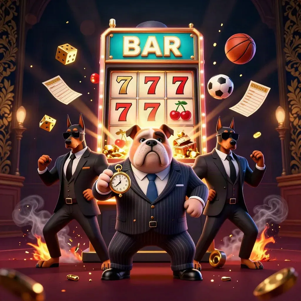 Bulldog gangster and Dobermans amid jackpot slots, gold, embers, and casino glow
