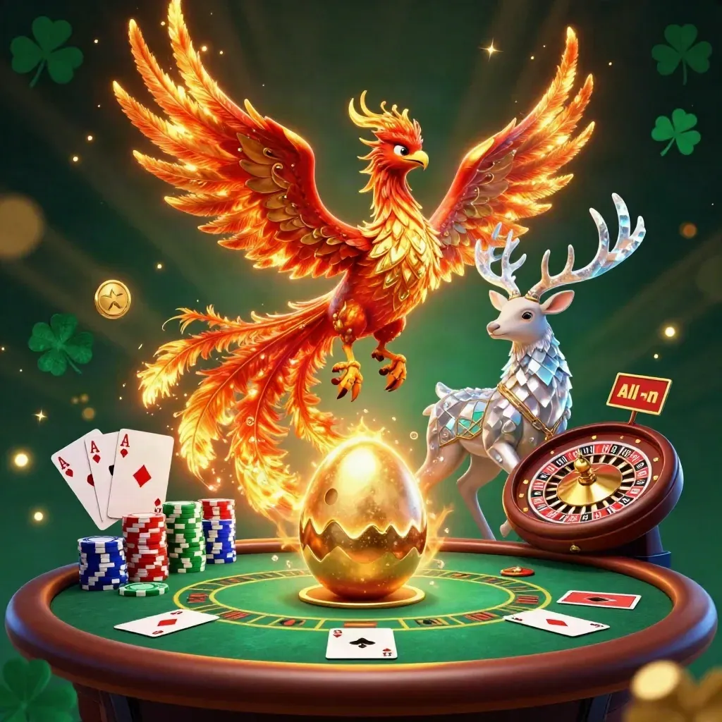 Fire phoenix, hatching baby phoenix, crystal-antler stag, casino tables and cards in a luxe emerald glow.