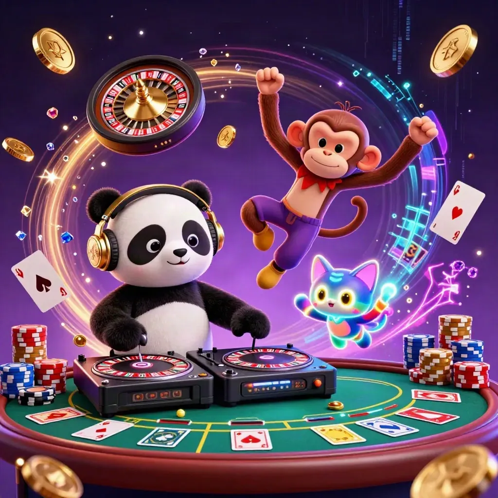 DJ panda, breakdancing monkey, and rave kitten in a neon casino splash scene