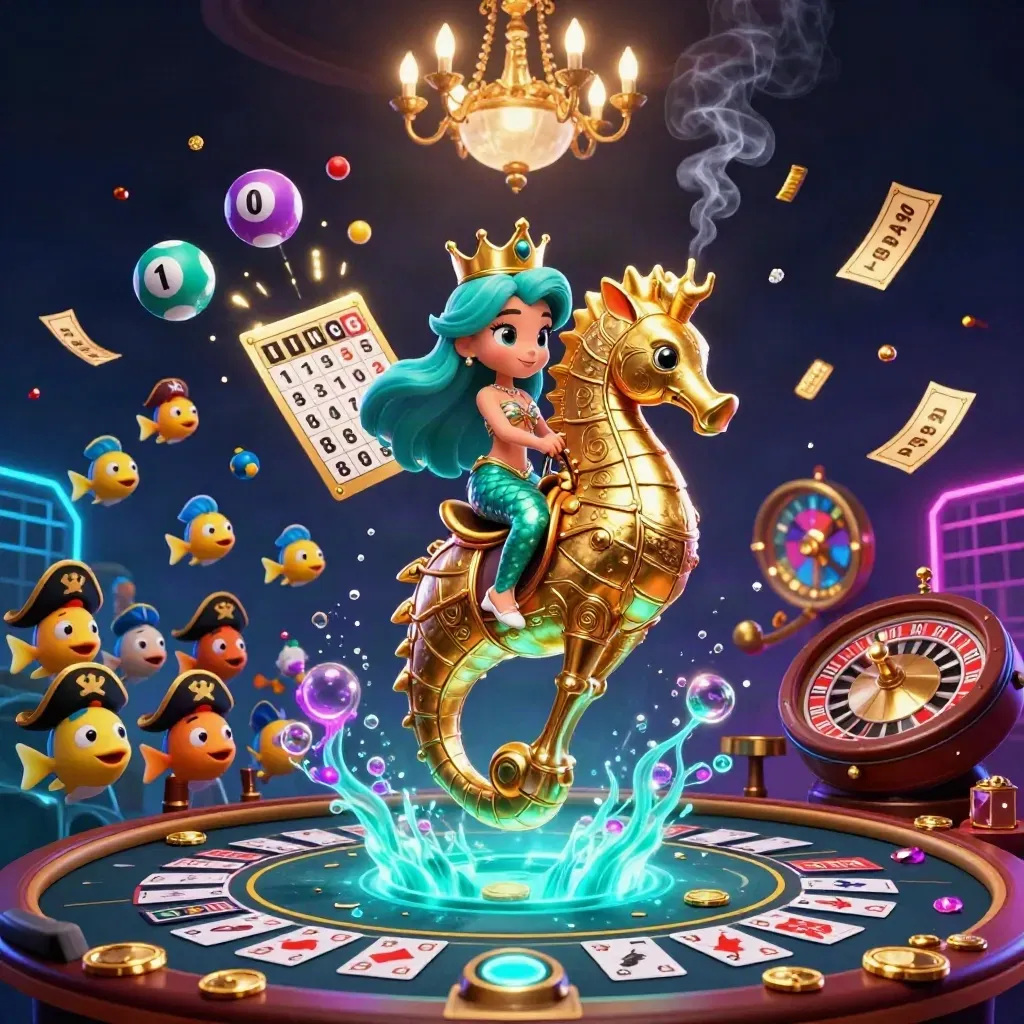 Mermaid princess on a golden seahorse amid casino glow, lottery balls, fish, and spinning tables.