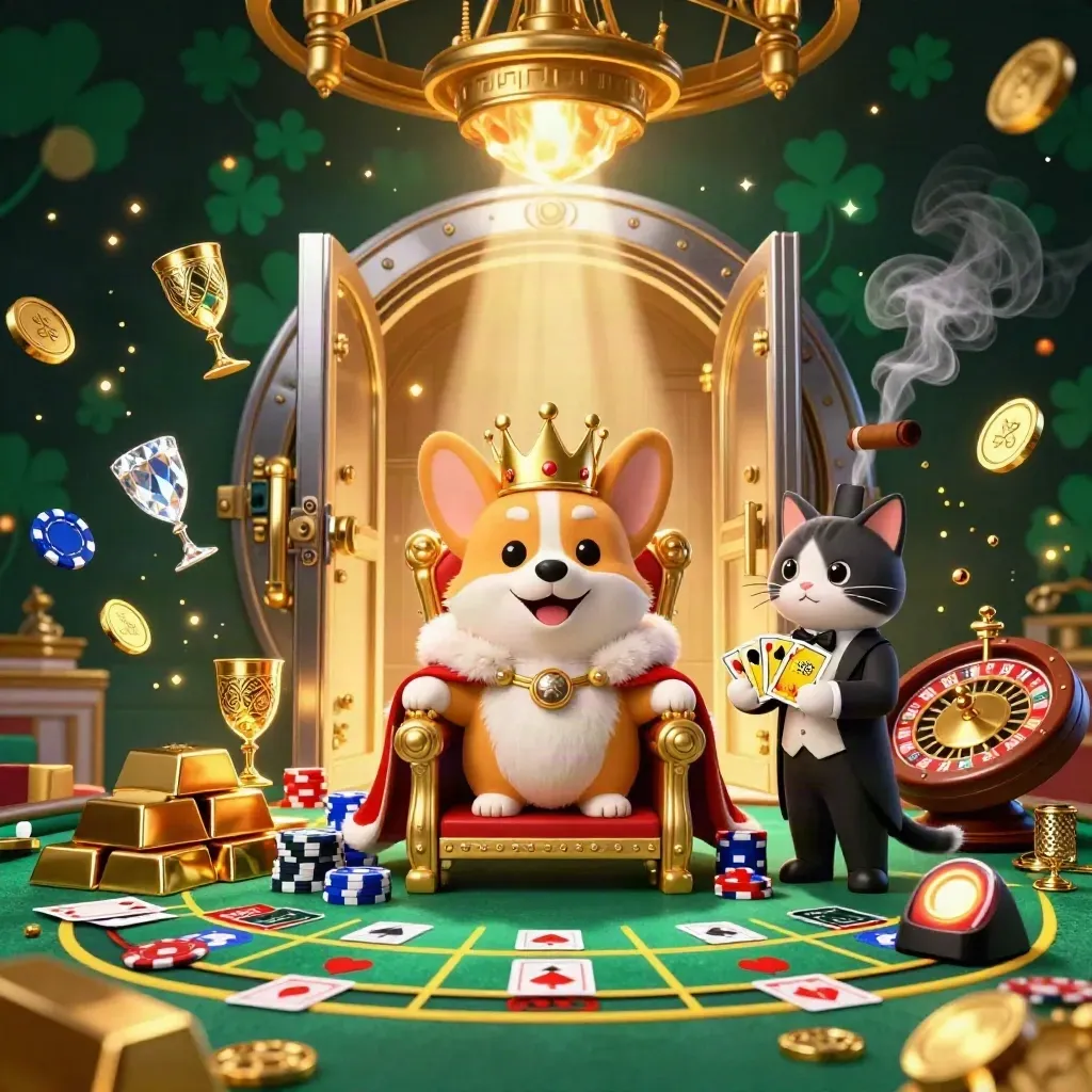 Crowned corgi and cat butler amid a vault burst, gold bars, gems, roulette wheel, and casino glow.