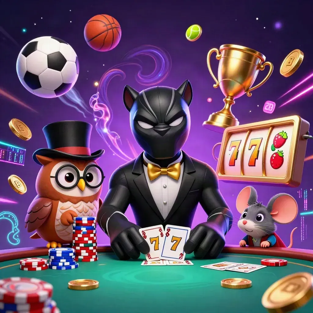 Panther, owl, and mouse casino heroes amid cards, chips, balls, trophy, coins, and neon energy