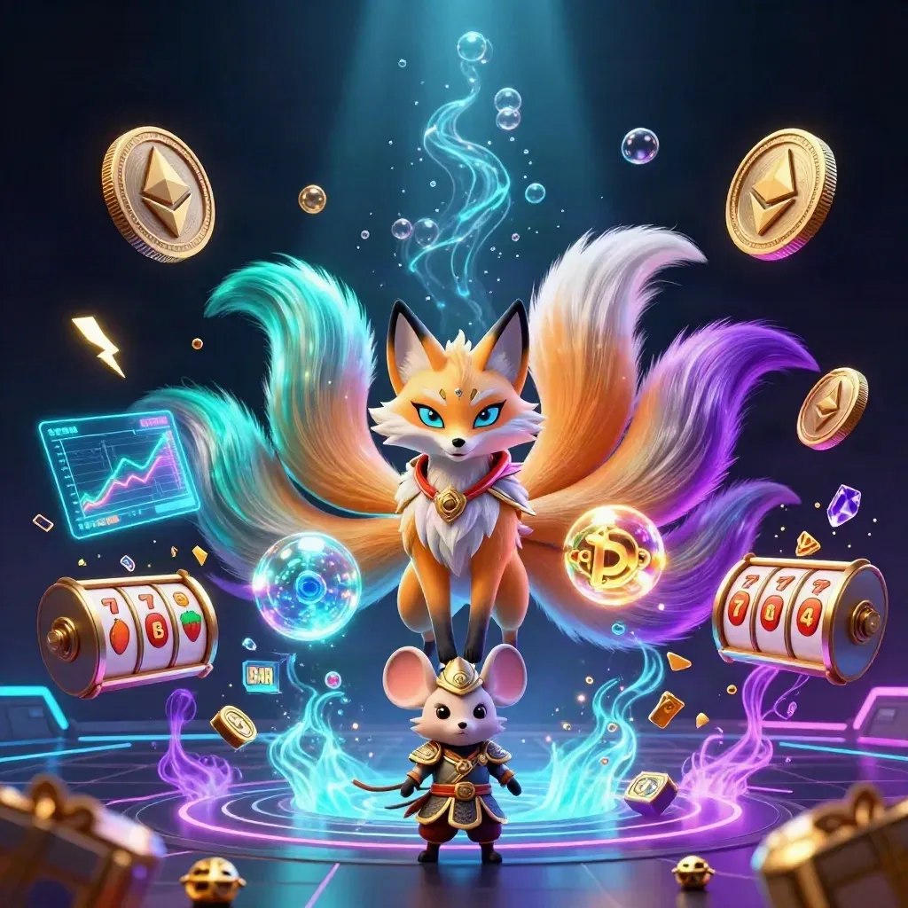 Fox spirit and gold mouse amid glowing coins, reels, gems, and neon casino energy.