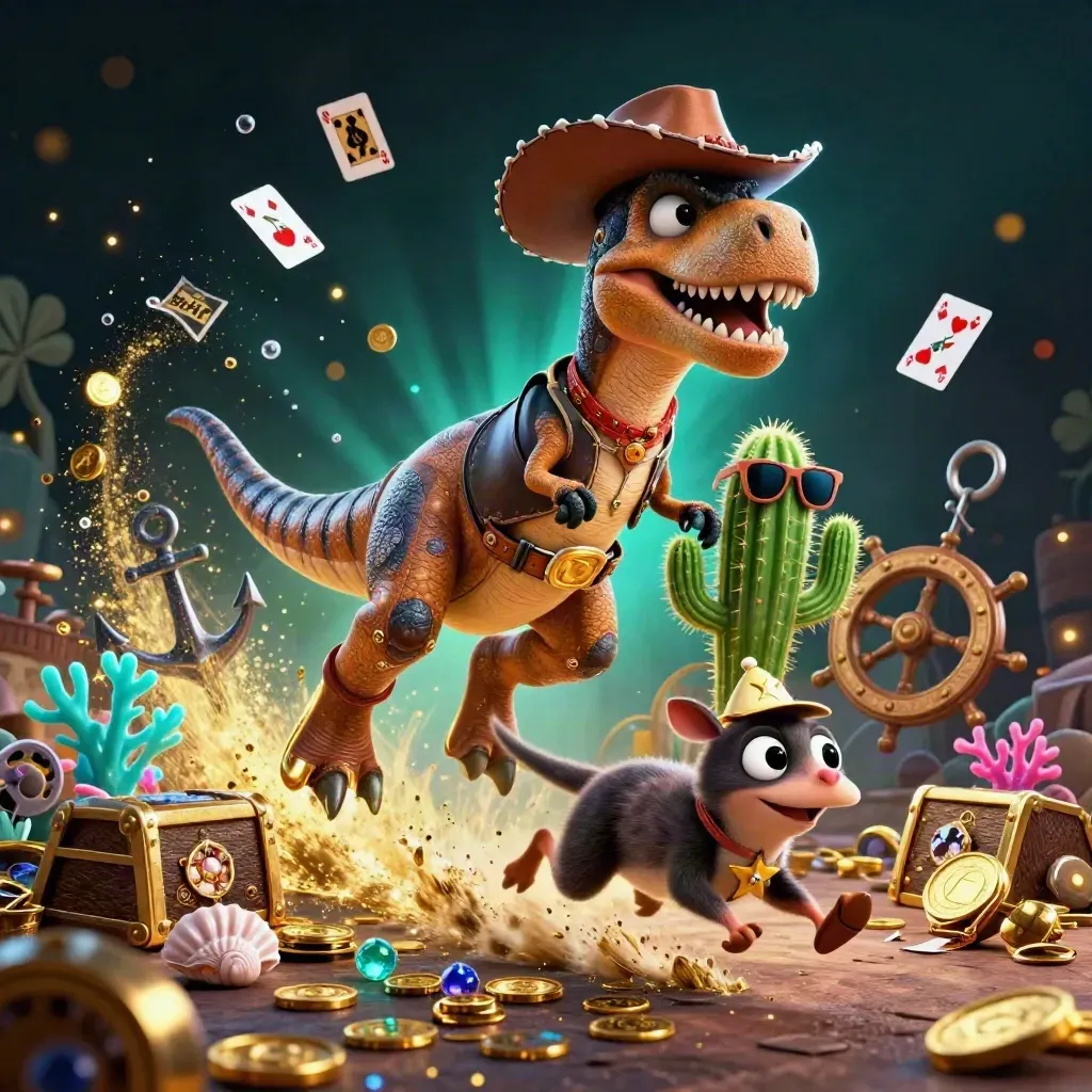 Cowboy T-Rex, cactus sidekick, and roadrunner burst through a teal treasure cove of coins and gems.