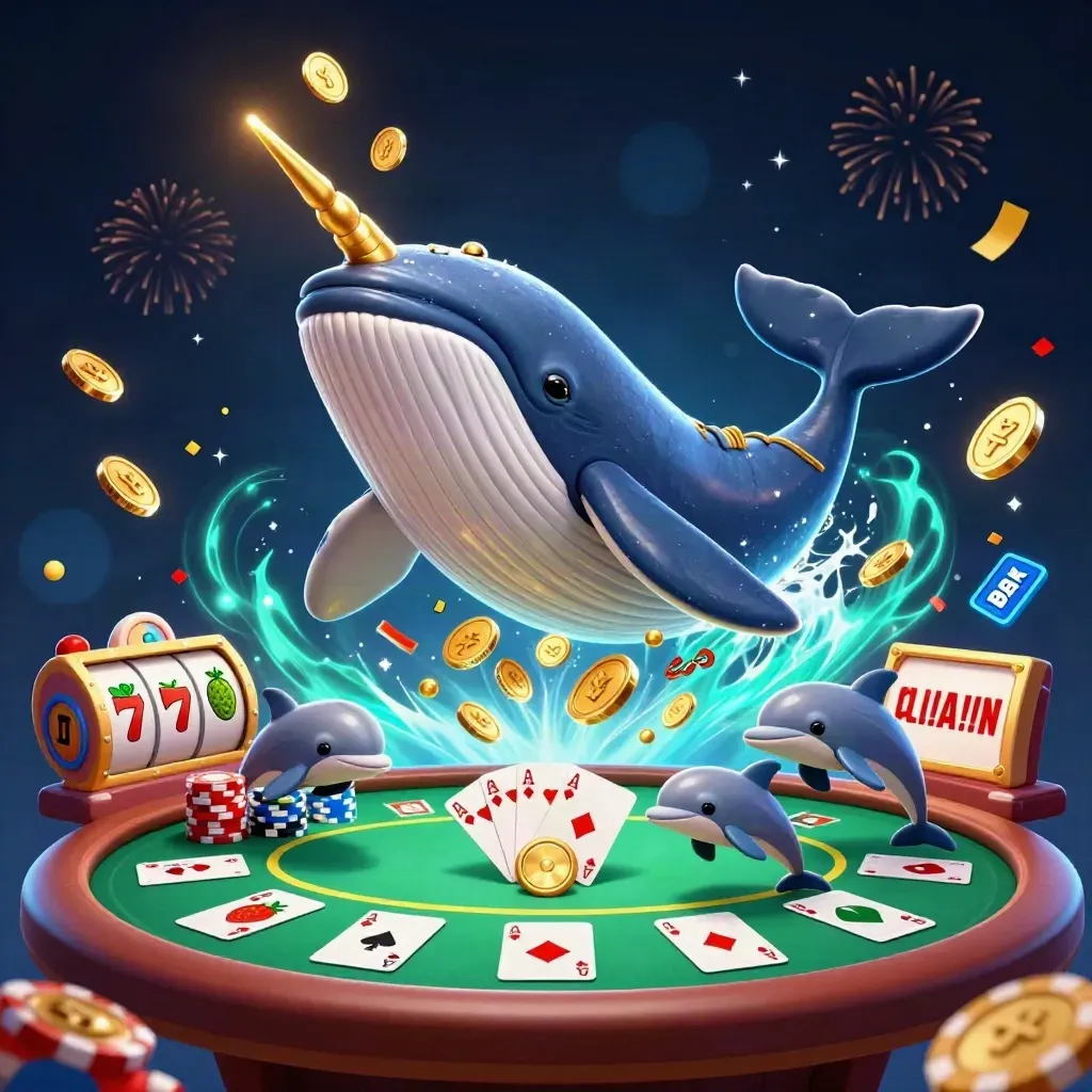Whale captain, narwhal, and dolphins amid casino chips, cards, teal magic, and coin bursts in a dark navy scene
