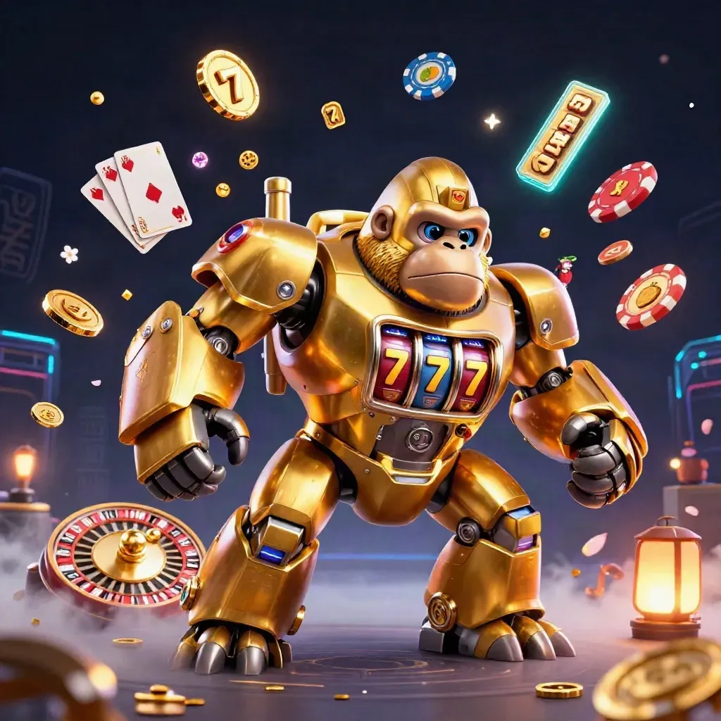 Golden gorilla mech and monkey pilot burst coins, gems, cards, chips, and teal neon energy.