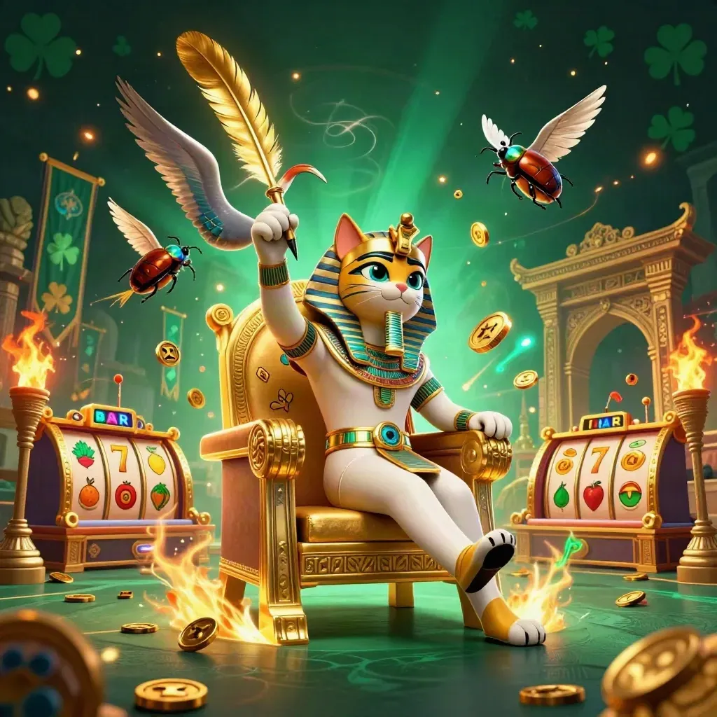 Pharaoh cat, ibis scribe, and scarabs amid teal casino magic, coins, temple gate, and jackpot sparks.