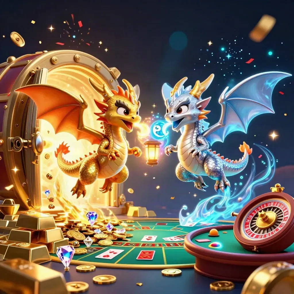 Gold and silver dragons with vault, coins, gems, roulette wheel, and fireworks on a dark casino background.