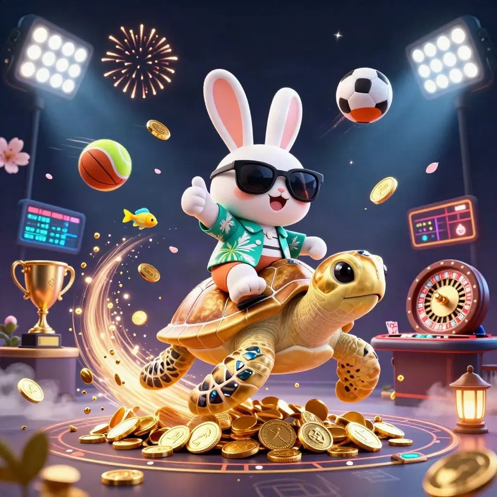 Lucky rabbit rides a jeweled sea turtle amid casino prizes, sports balls, coins, and neon effects.