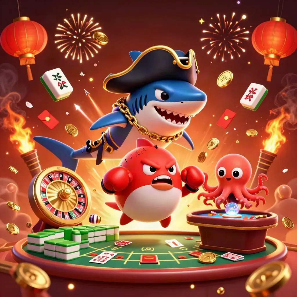 Pirate shark, boxing pufferfish, and juggling octopus amid casino coins, lanterns, and fireworks.