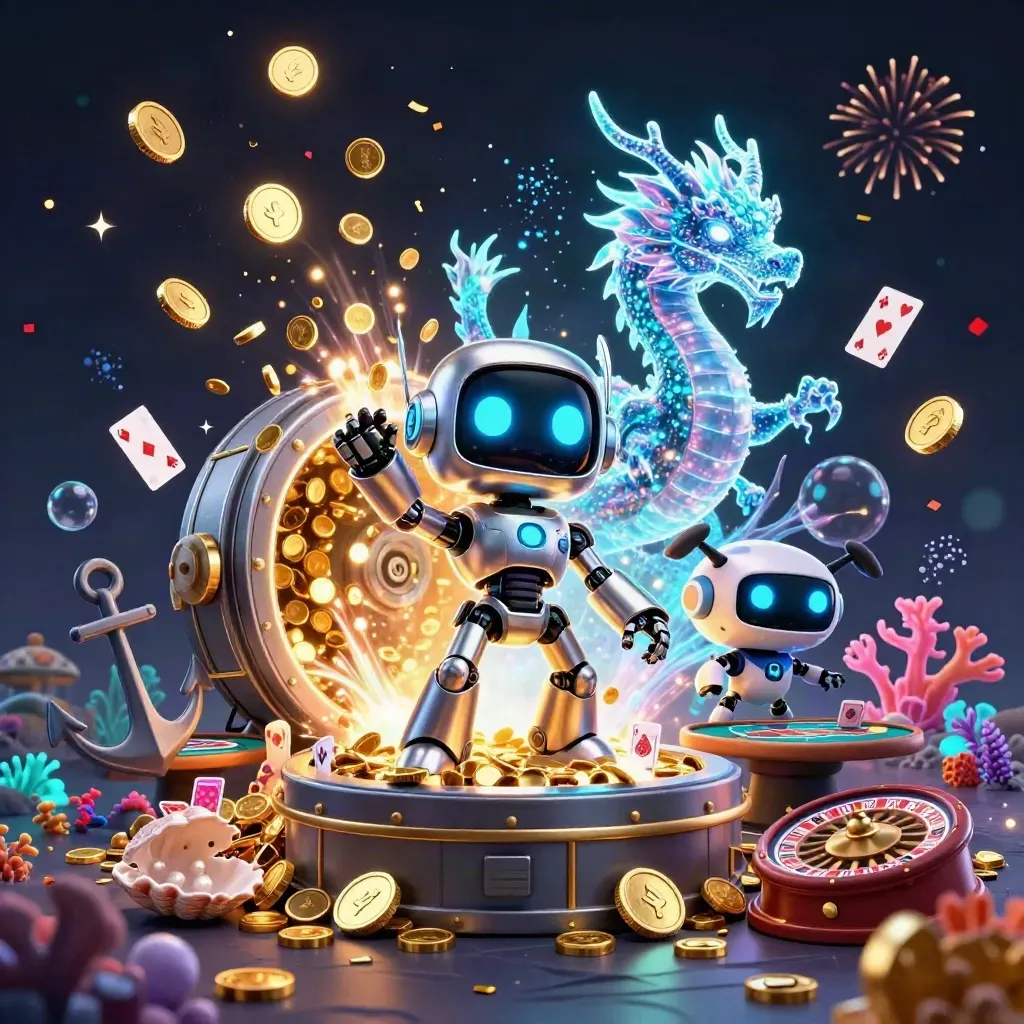 Robot mascot, holographic dragon, and coin drone in a treasure vault with coins, coral, cards, fireworks.