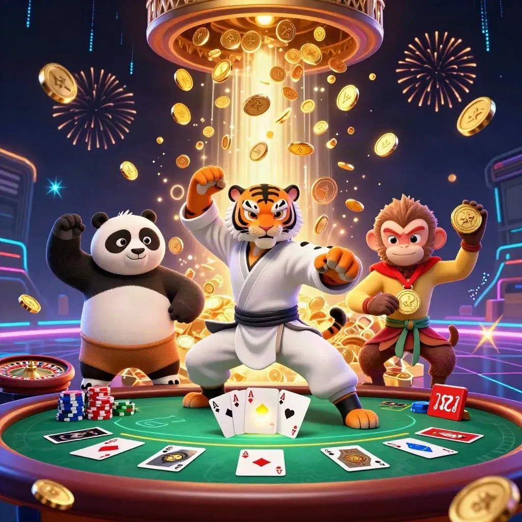Tiger, panda and monkey casino heroes amid coins, chips, cards and fireworks.