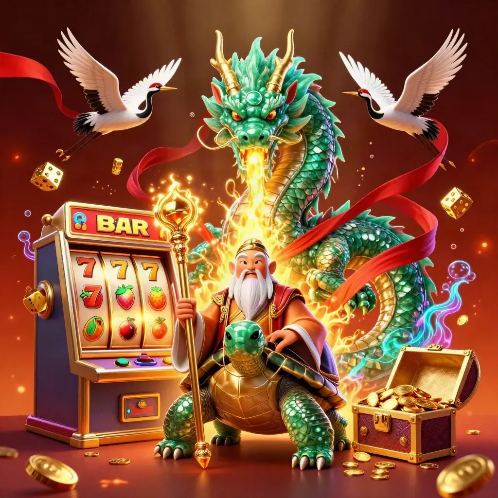 Emerald dragon, turtle sage, and cranes amid slot machine bursts, gold fire, teal glow, and jackpots.