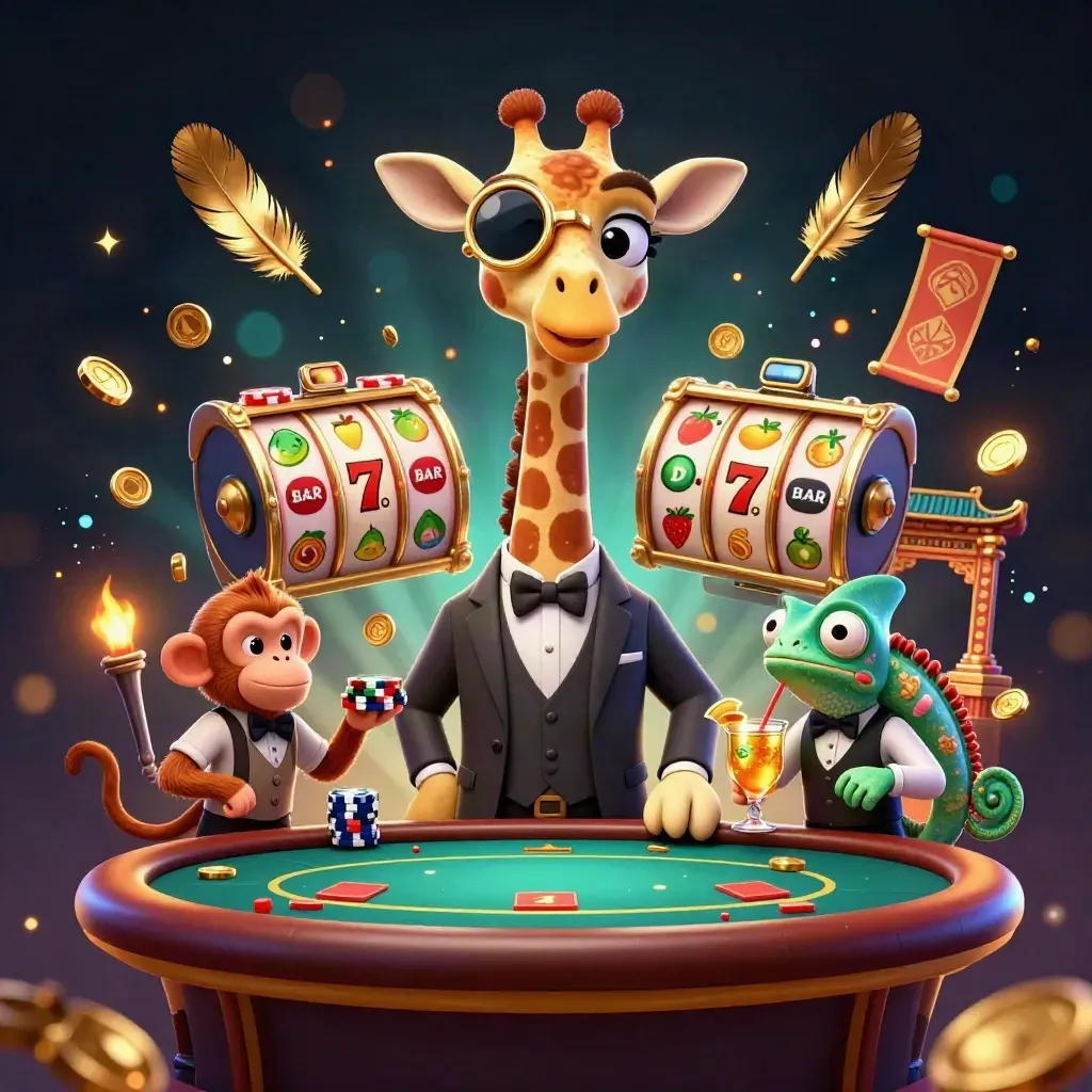 High-roller giraffe, monkey valet, and chameleon bartender amid coins, reels, and a temple gate