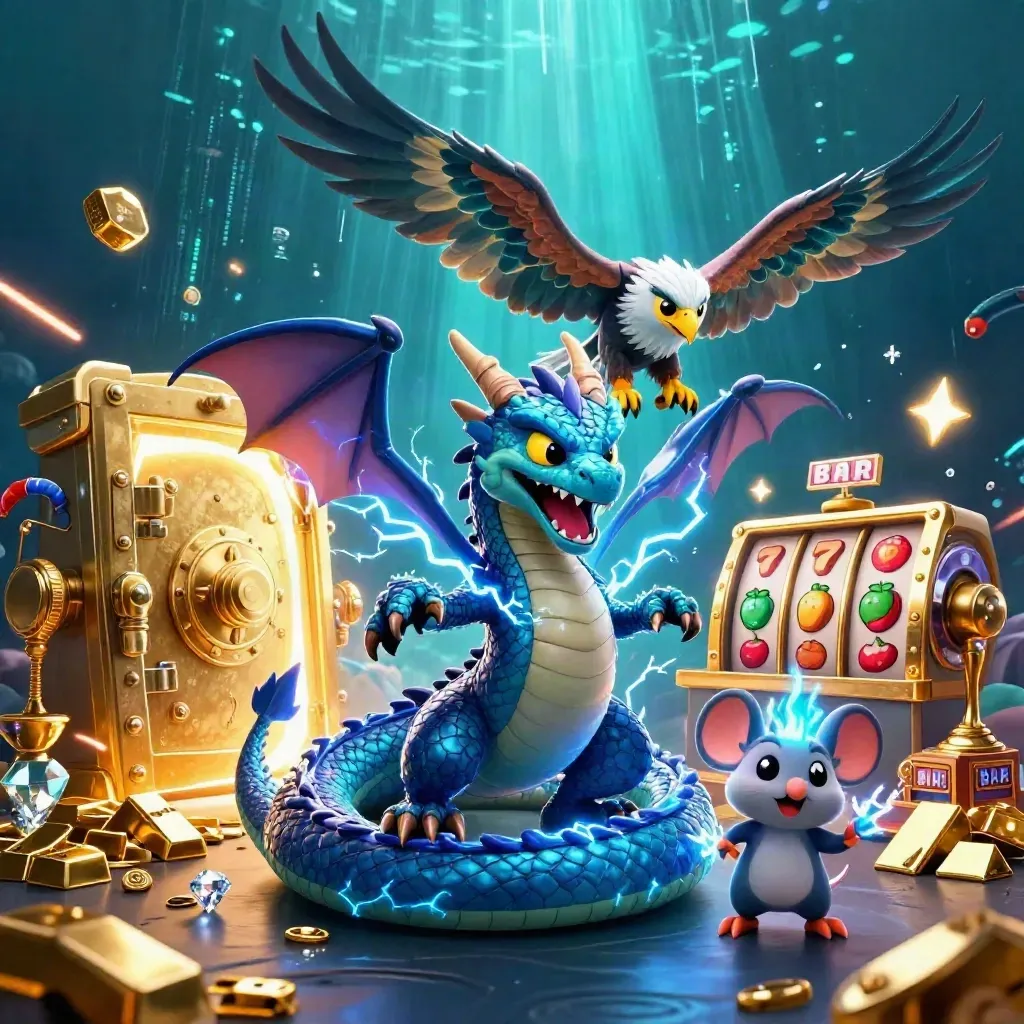 Thunder dragon, wind hawk, and static mouse burst around a glowing gold vault in teal-blue light.