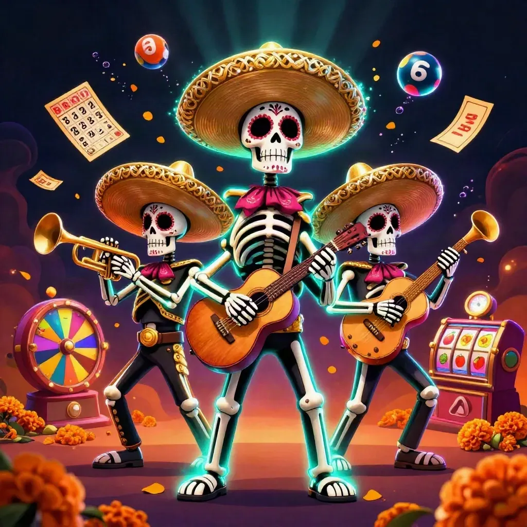 Three skeleton mariachi heroes amid casino icons, teal and gold glow, dark fiery backdrop