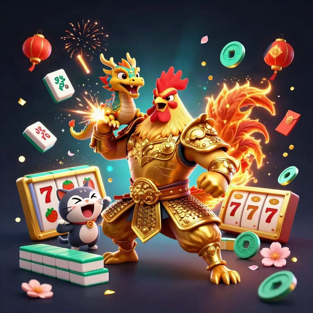 Rooster warrior, dragon hatchling and fortune-cat amid casino symbols on a dark neon backdrop.