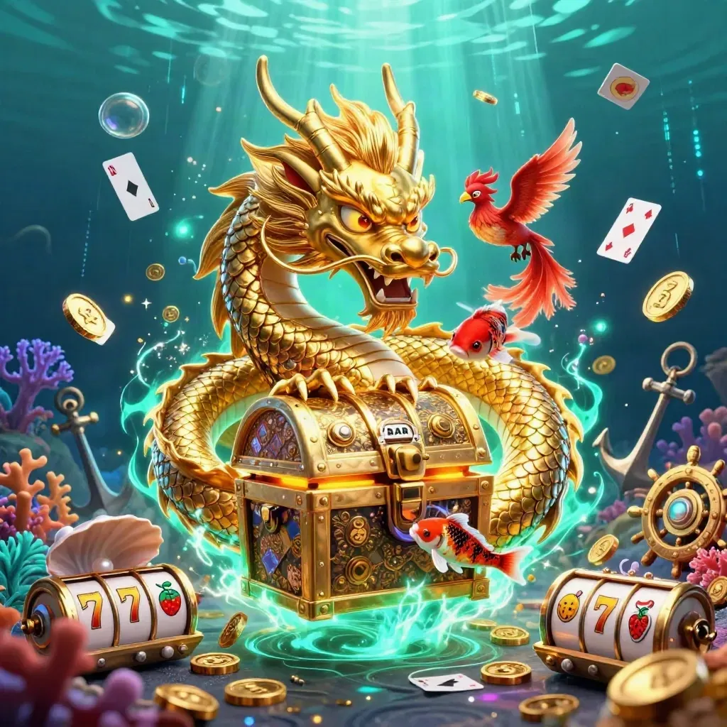 Golden dragon, red phoenix and koi around treasure chest in an underwater casino cove.