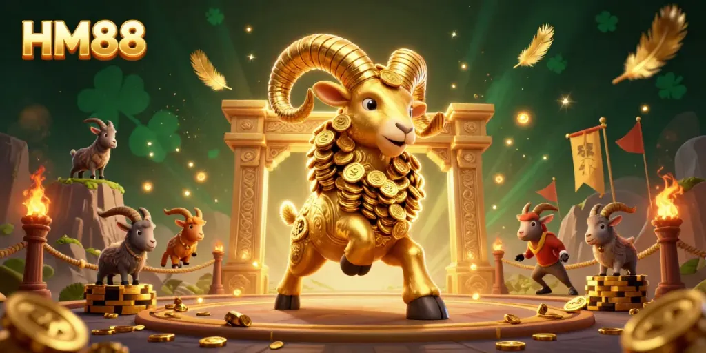 Engage with HM88's thrilling 3D casino illustration featuring a golden ram charging through a dynamic gaming arena.