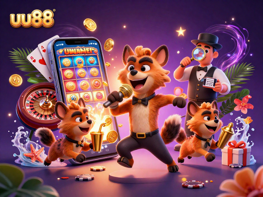 Engage with uu88's vibrant casino atmosphere featuring hyenas presenting a comedy show surrounded by exciting gaming elements.