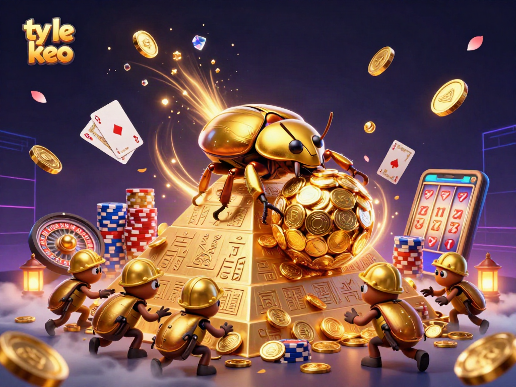 Bet on the latest ty le keo with themed casino characters rolling coins and vibrant gaming elements.