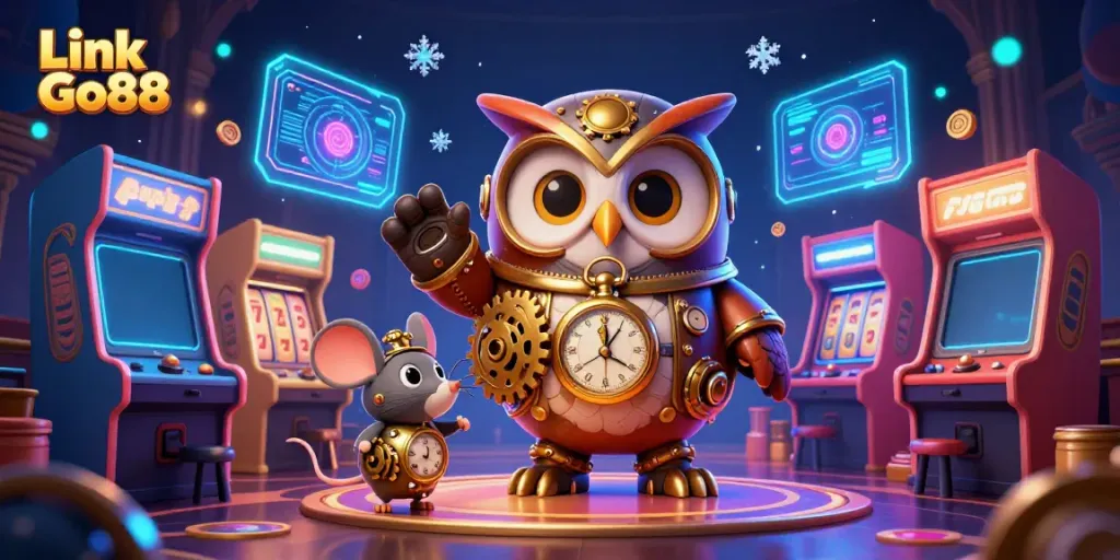 Engage with Link Go88 in a vibrant casino setting featuring a time-traveling owl and colorful arcade machines.