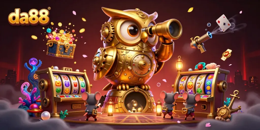Experience the excitement of da88 with a vibrant casino scene featuring spinning slot reels and animated 3D characters.