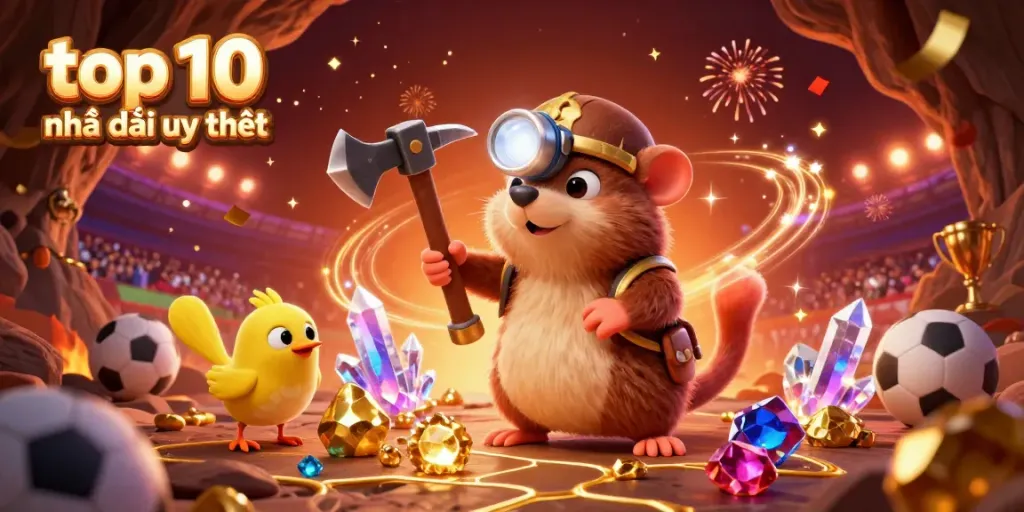 Experience top 10 nhà cái uy tín in this vibrant illustration of a treasure hunter mole in a festive gambling environment.