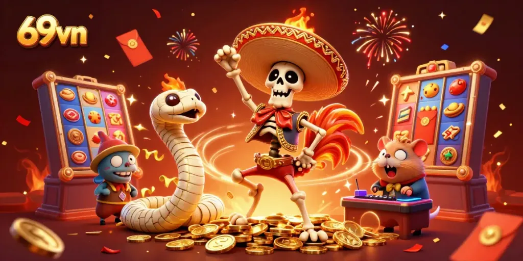 Engage with 69vn's vibrant casino scene featuring lively characters celebrating amidst dynamic gaming elements.